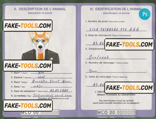 Monaco dog (animal, pet) passport PSD template, fully editable scan effect