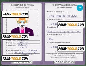 Mozambique dog (animal, pet) passport PSD template, fully editable