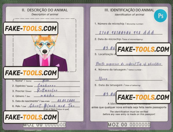 Mozambique dog (animal, pet) passport PSD template, fully editable scan effect