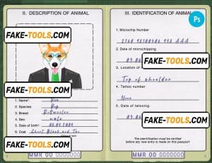 Myanmar dog (animal, pet) passport PSD template, completely editable
