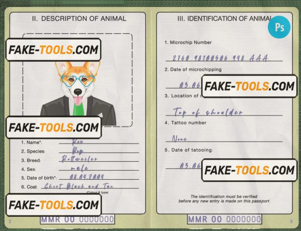 Myanmar dog (animal, pet) passport PSD template, completely editable scan effect