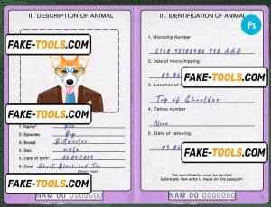 Namibia dog (animal, pet) passport PSD template, fully editable