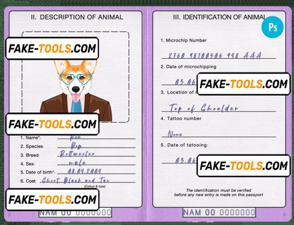 Namibia dog (animal, pet) passport PSD template, fully editable