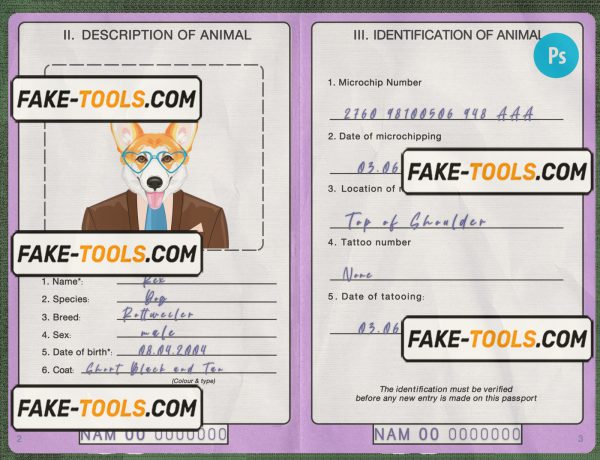 Namibia dog (animal, pet) passport PSD template, fully editable scan effect