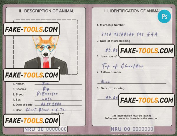Nauru dog (animal, pet) passport PSD template, fully editable scan effect