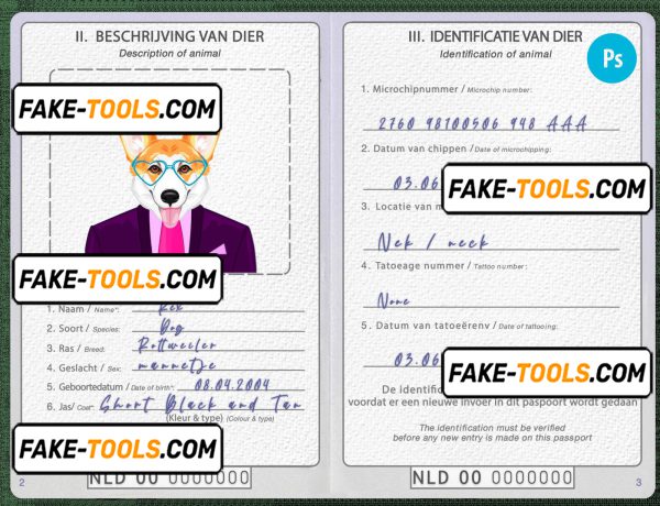 Netherlands dog (animal, pet) passport PSD template, fully editable