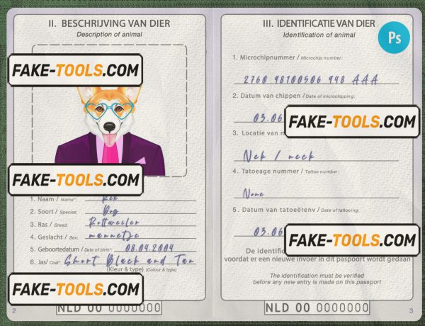 Netherlands dog (animal, pet) passport PSD template, fully editable scan effect