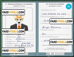 New Zealand dog (animal, pet) passport PSD template, fully editable