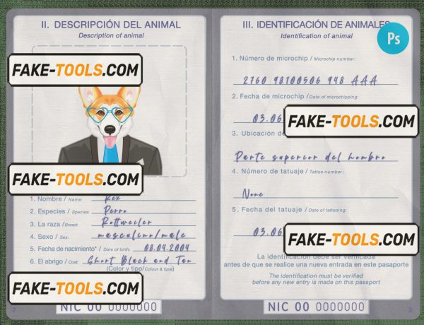 Nicaragua dog (animal, pet) passport PSD template, fully editable scan effect
