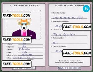 Nigeria dog (animal, pet) passport PSD template, fully editable