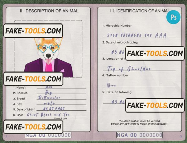 Nigeria dog (animal, pet) passport PSD template, fully editable scan effect