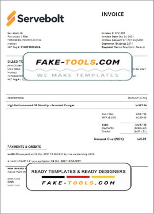 Norway Servebolt high performance hosting company invoice template in Word and PDF format, fully editable