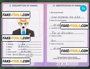 Palau dog (animal, pet) passport PSD template, fully editable