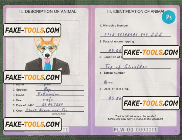 Palau dog (animal, pet) passport PSD template, fully editable scan effect