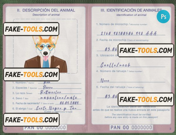 Panama dog (animal, pet) passport PSD template, completely editable