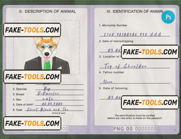 Papua New Guinea dog (animal, pet) passport PSD template, fully editable scan effect