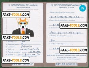 Paraguay dog (animal, pet) passport PSD template, fully editable