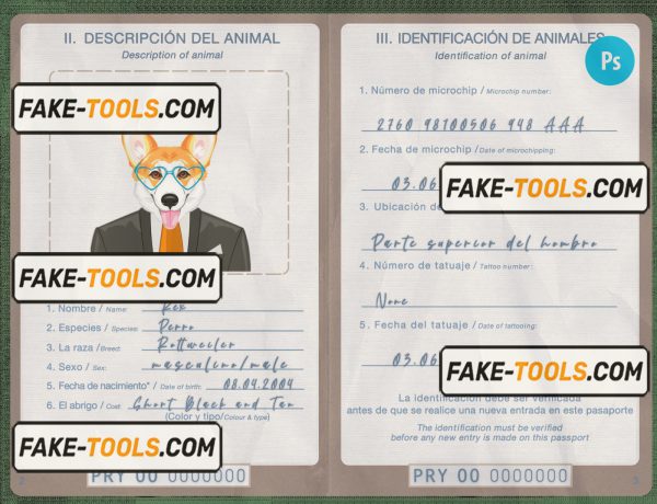 Paraguay dog (animal, pet) passport PSD template, fully editable scan effect