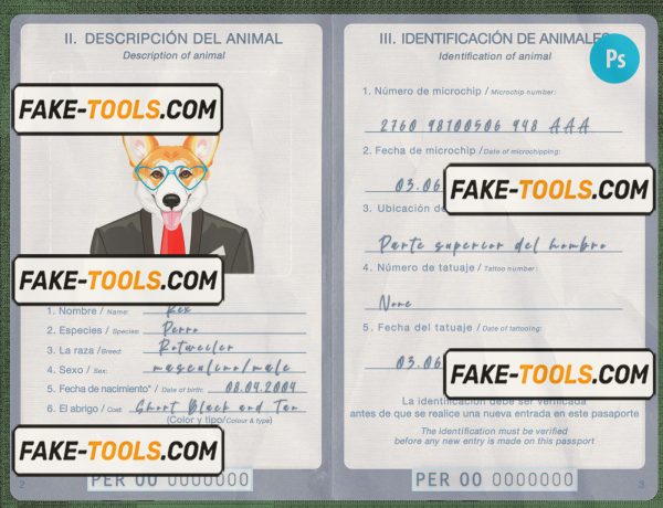 Peru dog (animal, pet) passport PSD template, completely editable scan effect