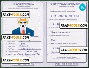 Poland dog (animal, pet) passport PSD template, fully editable