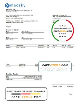 Portugal Medsky Lda company invoice template in Word and PDF format, fully editable