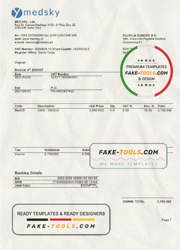 Portugal Medsky Lda company invoice template in Word and PDF format, fully editable scan effect