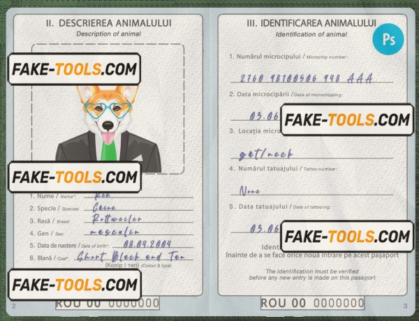Romania dog (animal, pet) passport PSD template, fully editable scan effect