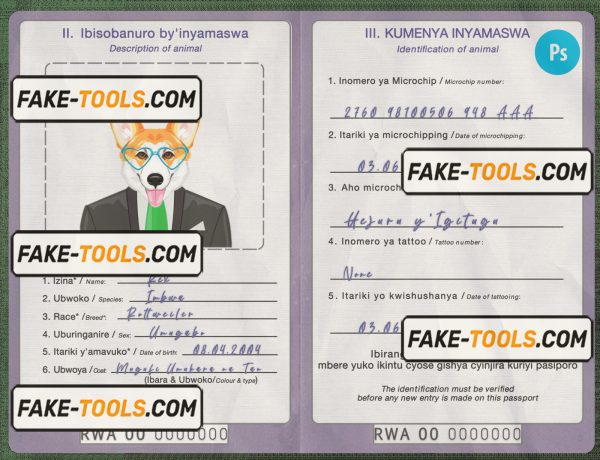Rwanda dog (animal, pet) passport PSD template, fully editable scan effect