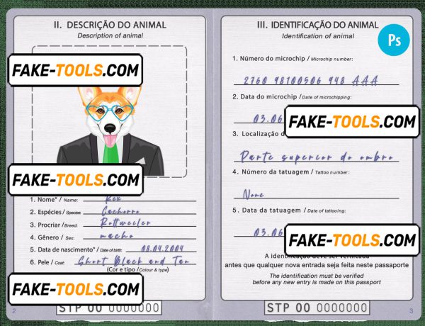 São Tomé and Príncipe dog (animal, pet) passport PSD template, fully editable
