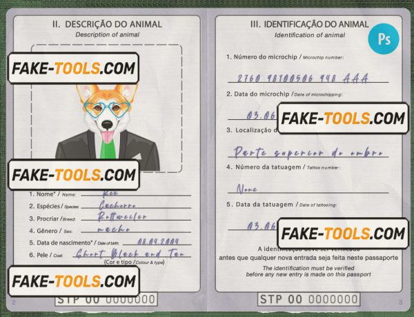 São Tomé and Príncipe dog (animal, pet) passport PSD template, fully editable scan effect