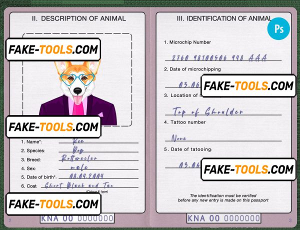 Saint Kitts and Nevis dog (animal, pet) passport PSD template, fully editable