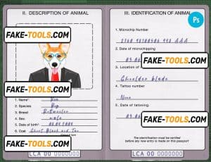 Saint Lucia dog (animal, pet) passport PSD template, completely editable
