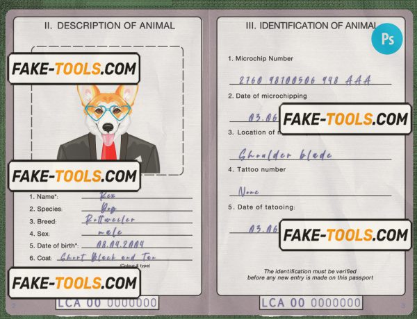 Saint Lucia dog (animal, pet) passport PSD template, completely editable scan effect