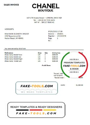 Sales Invoice Chanel Boutique template in Word format