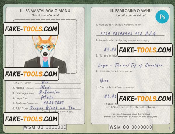 Samoa dog (animal, pet) passport PSD template, completely editable scan effect