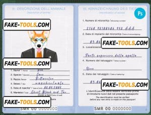 San Marino dog (animal, pet) passport PSD template, fully editable
