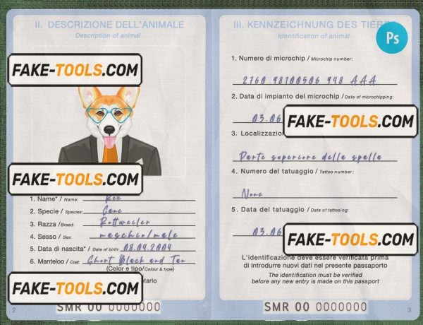San Marino dog (animal, pet) passport PSD template, fully editable scan effect