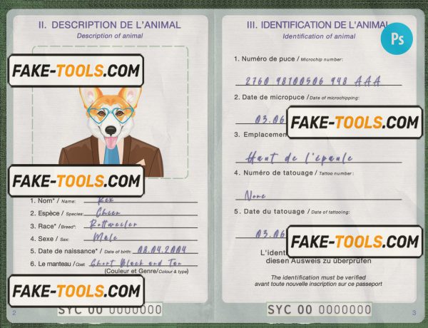 Seychellas dog (animal, pet) passport PSD template, fully editable scan effect