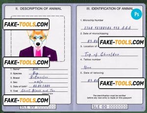 Sierra Leone dog (animal, pet) passport PSD template, fully editable