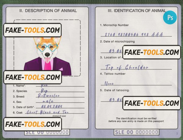 Sierra Leone dog (animal, pet) passport PSD template, fully editable scan effect