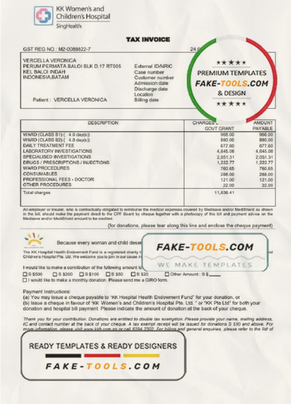 Singapore KK Women’s and Children’s Hospital tax invoice template in .doc and .pdf format scan effect