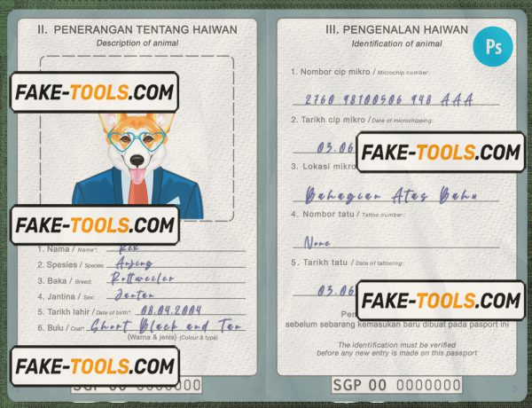 Singapore dog (animal, pet) passport PSD template, fully editable scan effect