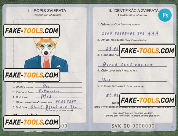 Slovakia dog (animal, pet) passport PSD template, fully editable scan effect