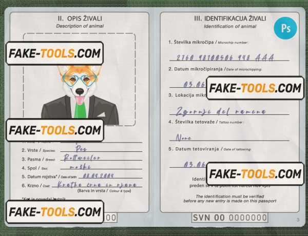 Slovenia dog (animal, pet) passport PSD template, fully editable scan effect