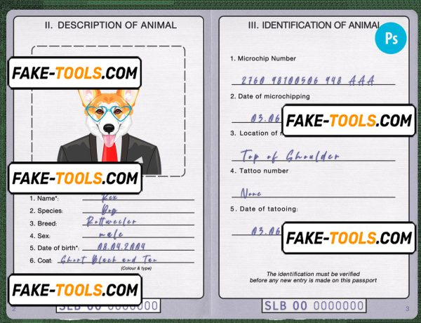 Solomon Islands dog (animal, pet) passport PSD template, fully editable