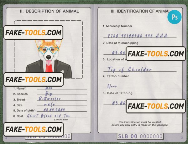 Solomon Islands dog (animal, pet) passport PSD template, fully editable scan effect