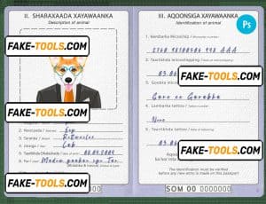 Somalia dog (animal, pet) passport PSD template, fully editable