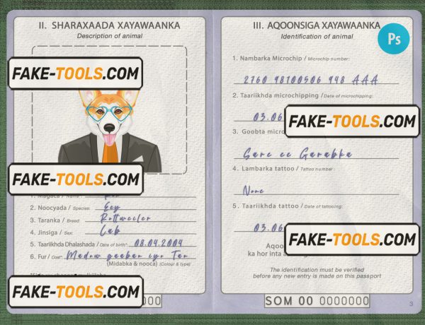 Somalia dog (animal, pet) passport PSD template, fully editable scan effect