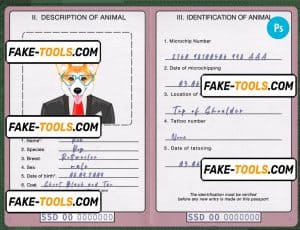 South Sudan dog (animal, pet) passport PSD template, fully editable