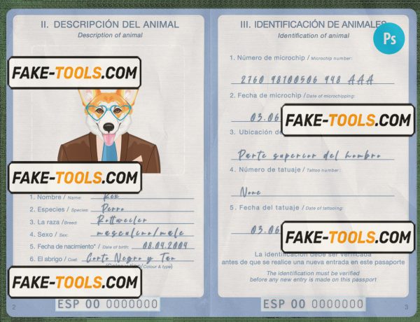 Spain dog (animal, pet) passport PSD template, completely editable scan effect